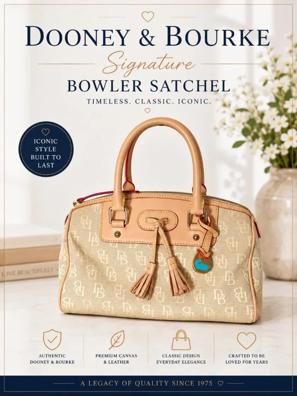 Dooney & Bourke Beige DB Monogram Canvas Bowler Satchel Leather Tassel Charm Bag